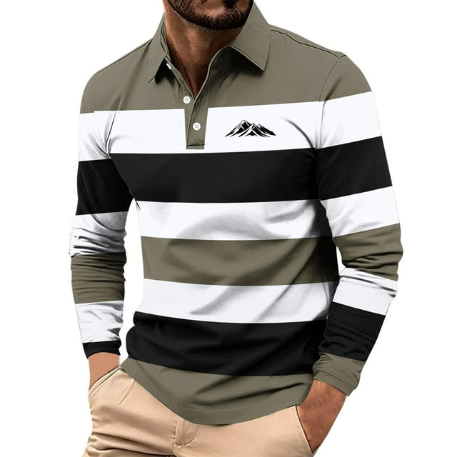 Ceisia Men's Outdoor-Style Striped Collared Long-Sleeve Polo Shirt | Slim Spring Casual Top Gift