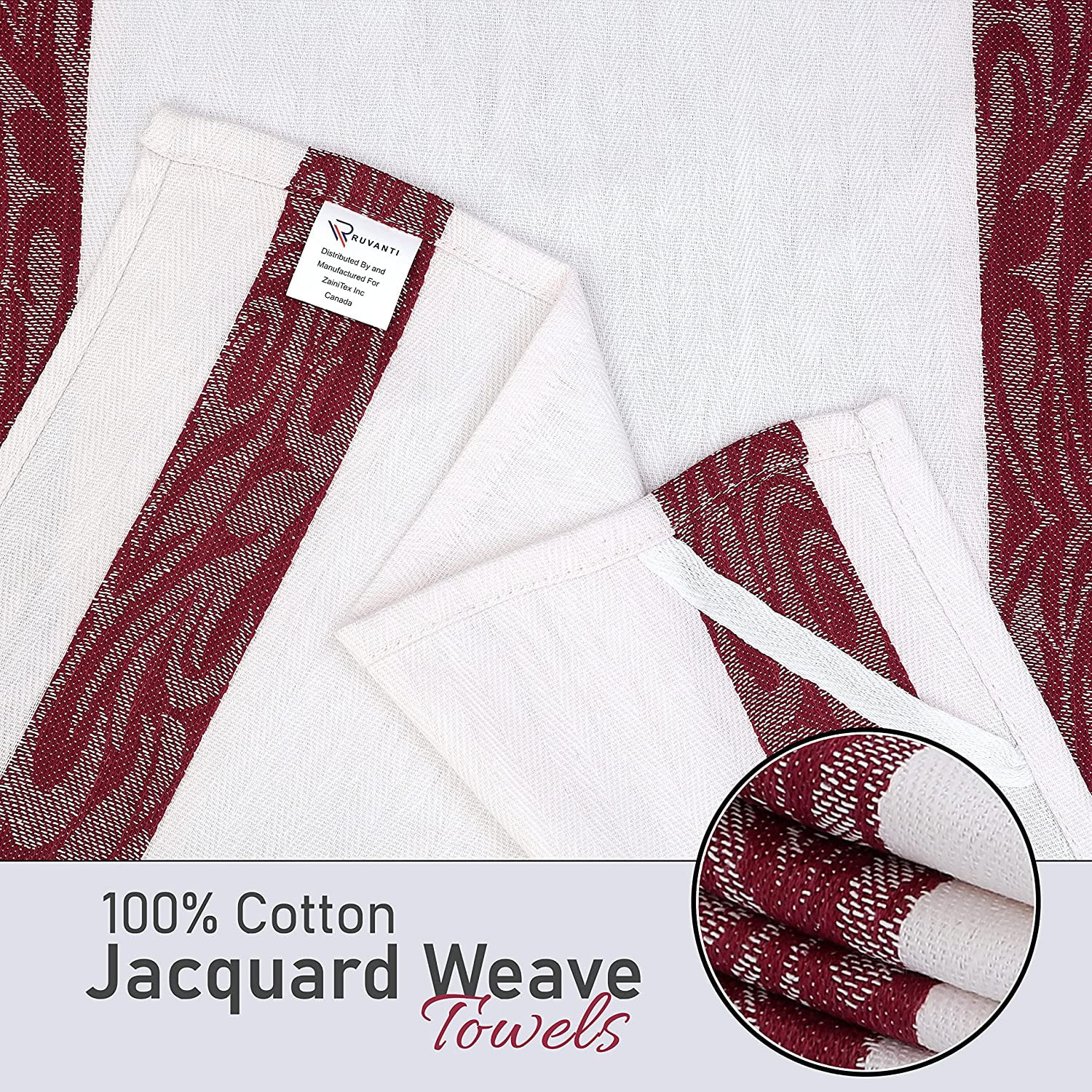 (3 pack) RUVANTI 100% Cotton Kitchen Towels Jacquard, Dish Towels for Kitchen, Washable Dish Cloths, Soft Tea Towels, Super Absorbent for Cleaning, Dishcloth for Quick Drying, 16x26, 12 Pack – Burgundy & Whit