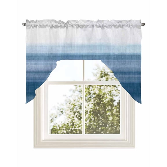 Haze Blue White Ombre Kitchen Curtains Swag Valance for Windows/Bathroom/Cafe, Vintage Gradient Striped Aesthetics Rod Pocket Drape Panel Swag Curtains Valance for Bedroom/Living Room 56"x36"