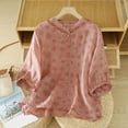 thumbnail image 2 of Yuanlook Women's Cotton Linen Shirt,Button Down 3/4 Lenght Sleeve Tops Round Neck Blouse - Pink - XL, 2 of 7