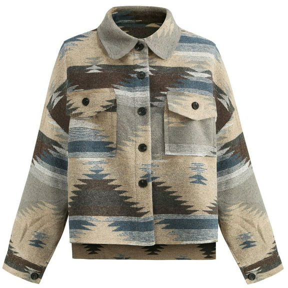 Vintage Printed Long Sleeve Woolen Coat Women Button Down Warm Loose Outerwear