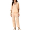 thumbnail image 2 of INSPIRE CHIC Women's Satin Pajama Set Half Sleeve Lace Top with Long Pants 2 Piece Sleepwear Sets XS Champagne, 2 of 6