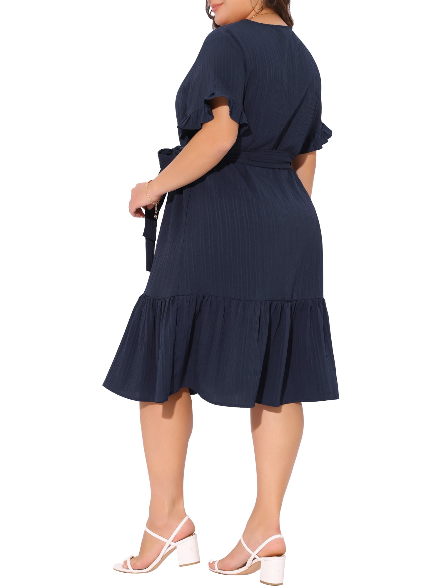 DARING DIVA Plus Size V Neck Short Sleeves Ruffle Hem Beach Dress 3X Dark Blue