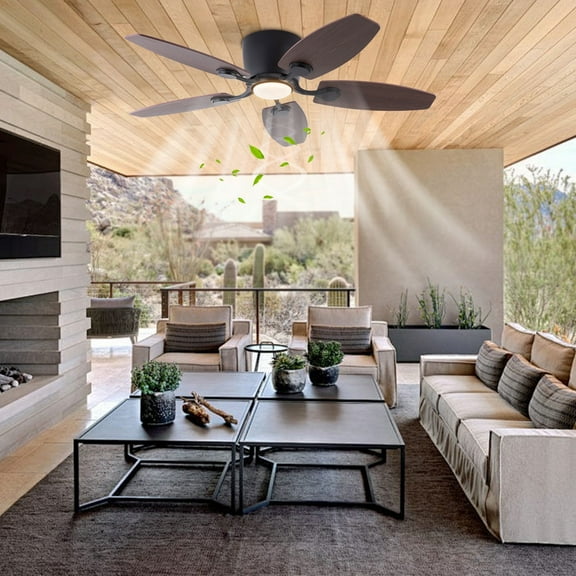 42 inches Farmhouse Flush Mount Reversible Ceiling Fan w/ Light Remote Control,4 Blades,6 Speeds,85-265V Brown