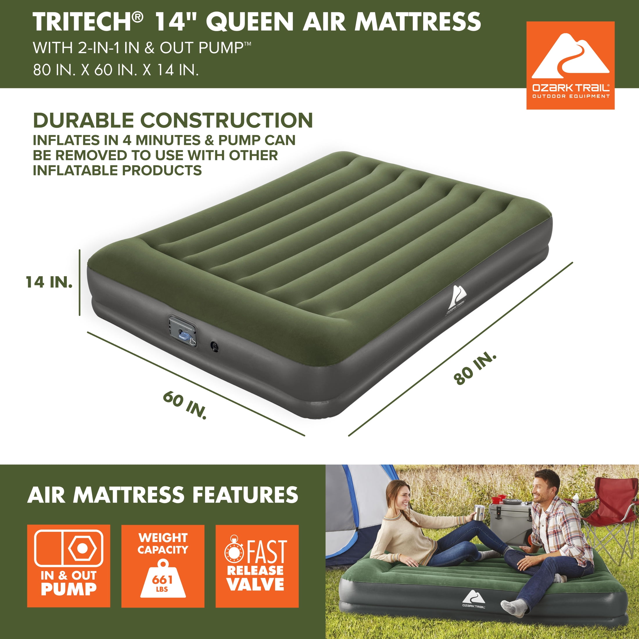 Ozark Trail Tritech Airbed Queen 14Inch With In & Out Pump