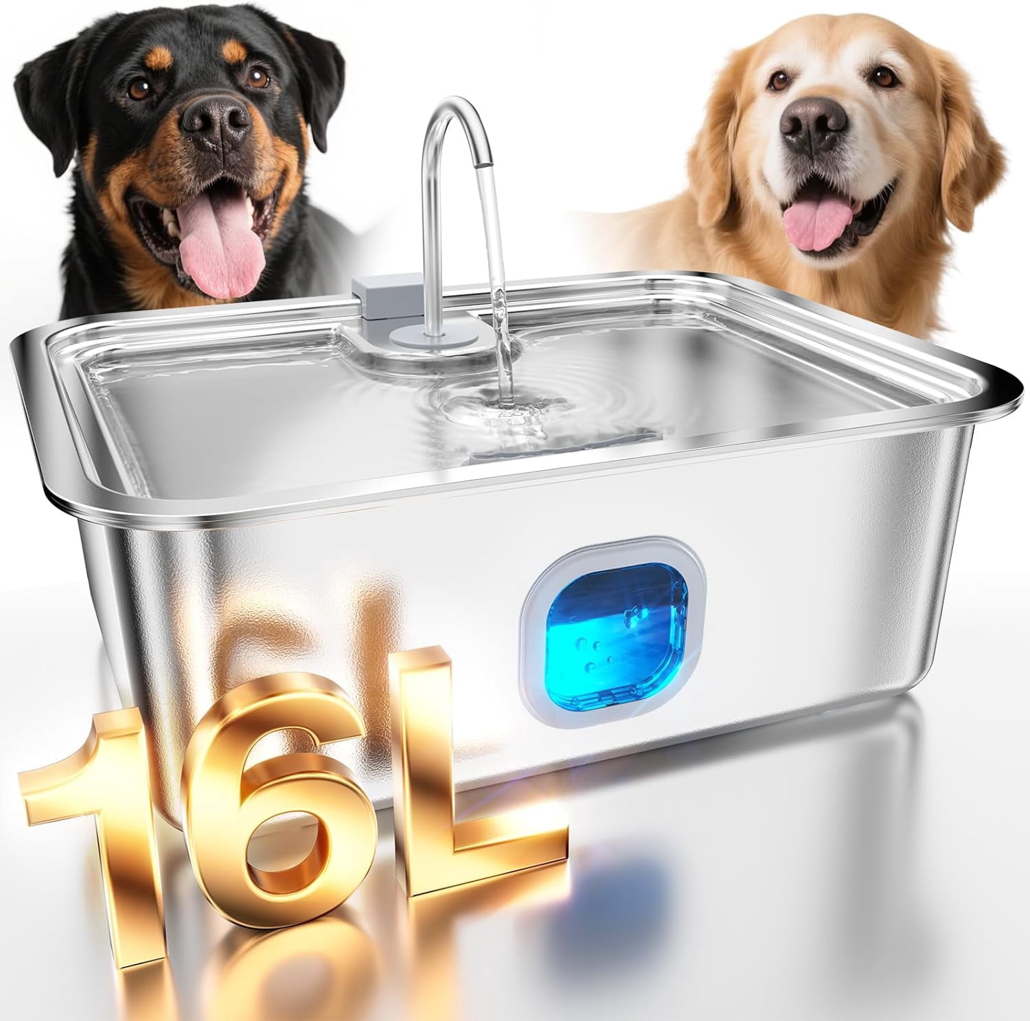 Large Stainless Steel Dog Water Fountain, 16L Automatic Pet Dispenser with Wider Drinking Tray and Visible Window for Multi-Pet Families