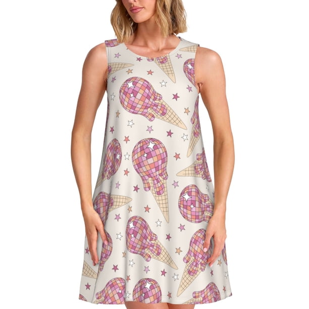Balery Sparkling Ice Cream Vestidos de verano para mujer con estampado: vestido holgado sin mangas, vestido playero informal y cómodo para días calurosos.