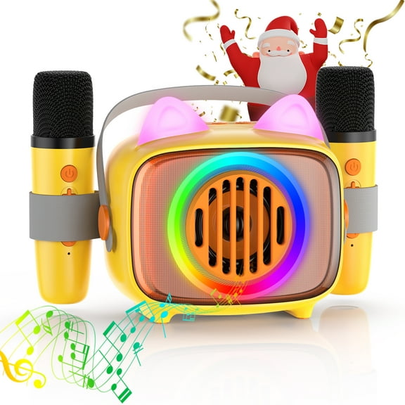 BIGASUO Mini Karaoke Machine for Kids with 2 Wireless Microphones,Portable Bluetooth Speaker Colorful Lights Karaoke Support TF Card ,USB,AUX in, Ideal Gifts for Girls or Boys!