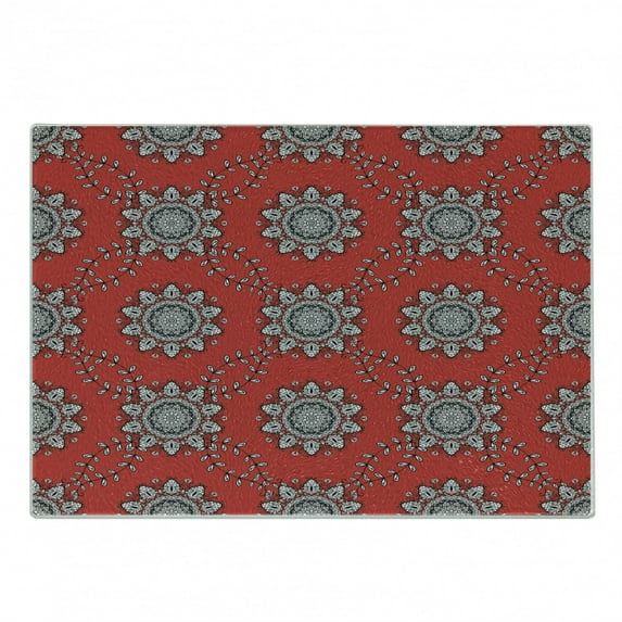Mandala Cutting Board, Sketchy Leaves Swirl Ivy Victorian Mesh Design Inspired Image, Decorative Tempered Glass Cutting and Serving Board, Small Size, Vermilion White, by Ambesonne