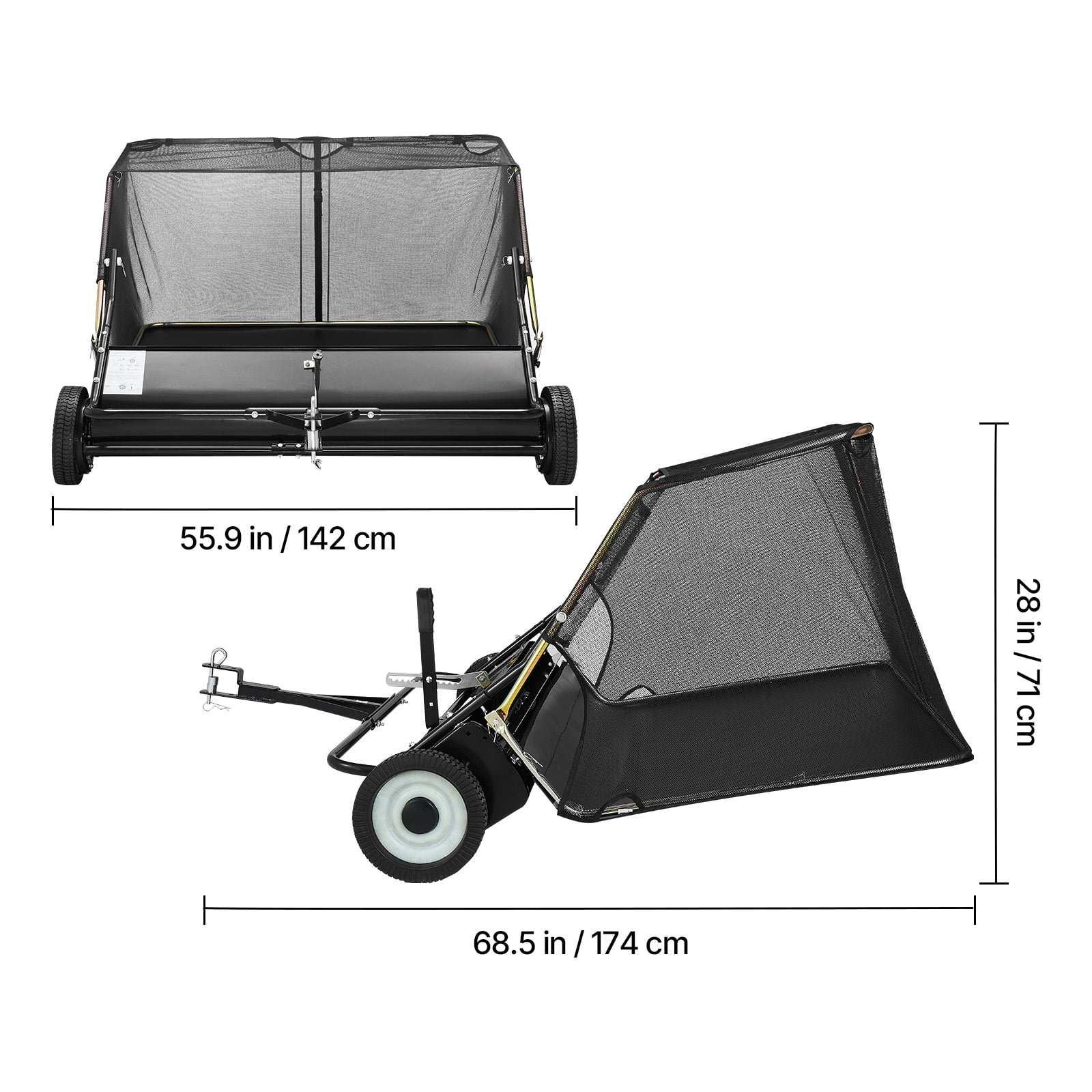 KFFKFF 48-Inch Tow-Behind Lawn Sweeper, 26 cu. ft Hopper Capacity, Yard and Garden Debris Collector with Dump Rope, Adjustable Height for Grass and Leaf Cleanup