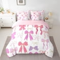 thumbnail image 2 of Manfei Princess Pink Ribbon Bedding Comforter Set 7pcs for Kids, Chic Fashion Ribbon King Bedding Sets, Cartoon Bow Theme Reversible Bed Sheets, Ultra Soft Bedroom Decor, 2 of 7