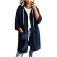 thumbnail image 4 of Zedker Long Hooded Fleece Cardigan for Women Button Front Drawstring Hood Patch Pockets Oversized Outerwear Navy Jackets for Women, 4 of 8