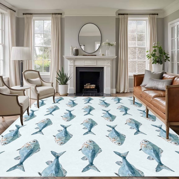 Coastal Fishes Area Rugs 8'x10', Washable Small Throw Rugs for Living Room Patio, Summer Watercolor Ocean Animals Indoor Outdoor Rug Non-Slip Low Pile Carpet Runner Reversible Floor Mats