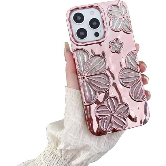 Premium Electroplate Flower Fashion Silicone Shockproof Case for iPhone Compatible with iPhone 14 Pro, Pink