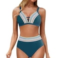 thumbnail image 1 of Wancir Women's Bikini Sets Women's Conservative Solid Color Color Blocked High Waisted V-neck Drawstring Adjustable Gathering Split Swimsuit Set, 1 of 3