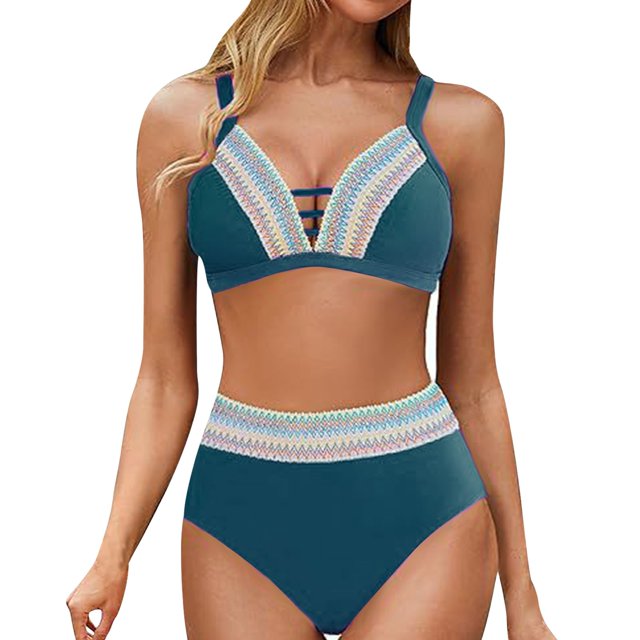 Wancir Women's Bikini Sets Women's Conservative Solid Color Color Blocked High Waisted V-neck Drawstring Adjustable Gathering Split Swimsuit Set