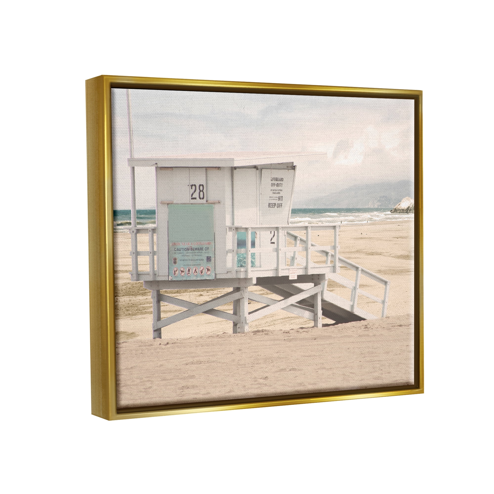Stupell Industries Lifeguard Hut on Beach Landscape Photography Gold Floater Framed Canvas Art Print Wall Art, 31 x 25