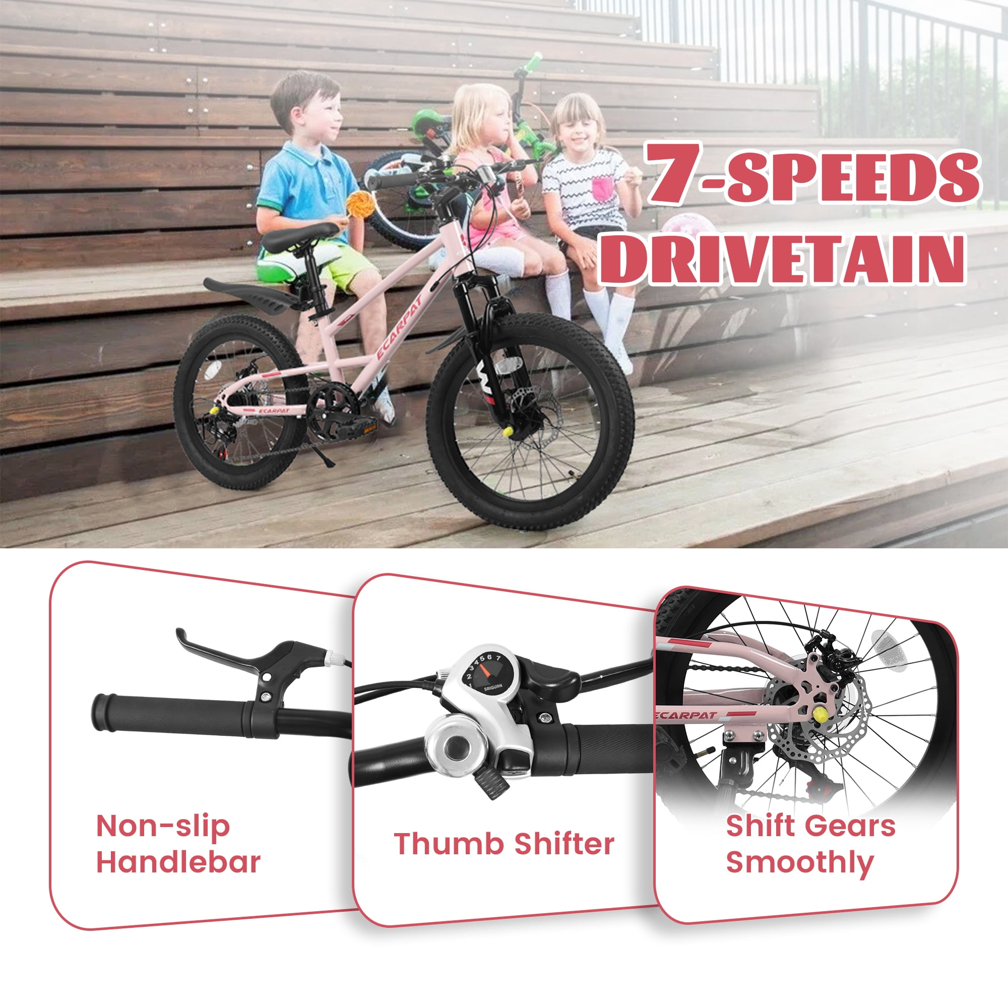 POVANLI 20" Kids Mountain Bike for 5-8yr or 4'-4'8" Boys & Girls with 7-Speed, Front Suspension, Dual Disc Brakes and Fender, Lightweight Steel Frame Bicycle, 85% assembled for Children's Gift (Pink)