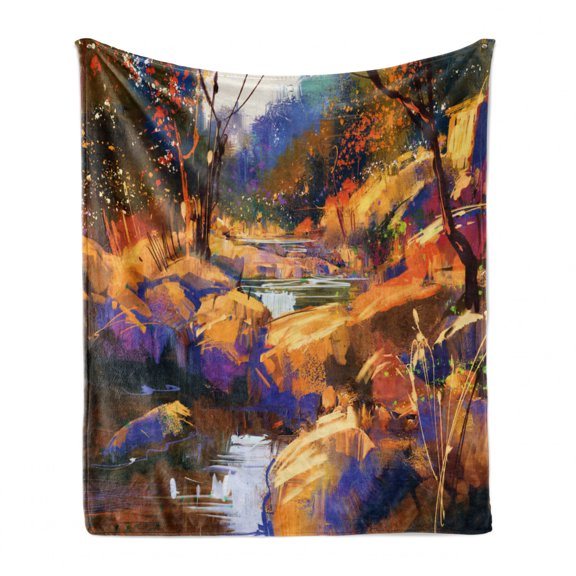 Fantasy Soft Flannel Fleece Throw Blanket, Vivid Colored Dreamy Environment with Water in Bedrocks Spring Scene Print, Cozy Plush for Indoor and Outdoor Use, 60" x 80", Tan Orange, by Ambesonne