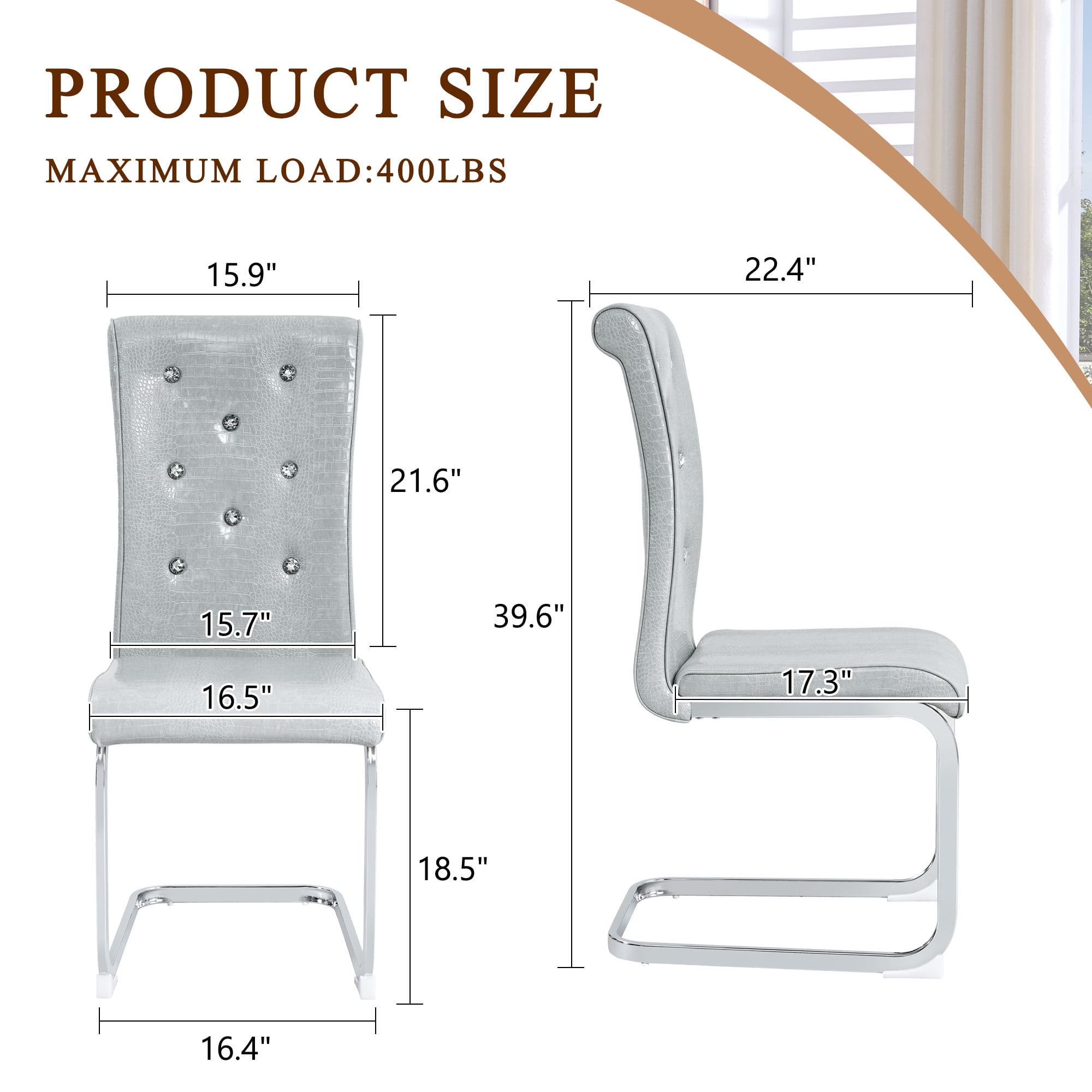 Aukfa Modern Dining Chairs Set of 2 , 400 lbs Heavy-Duty Faux Alligator Leather Kitchen Chairs with Crystal Button Tufted High Back,Gray