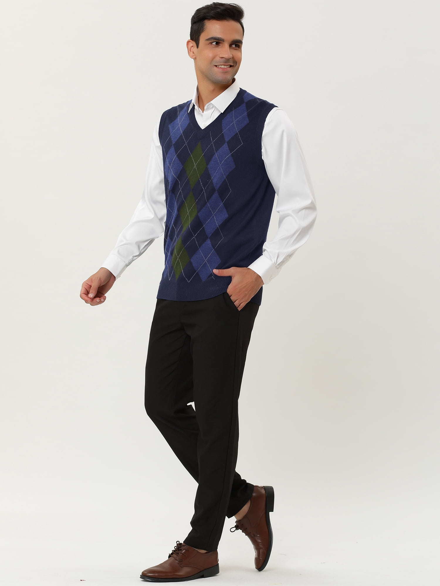 Unique Bargains Men's Argyle V Neck Slim Fit Sleeveless Knit Pullover Sweater Vests M Navy