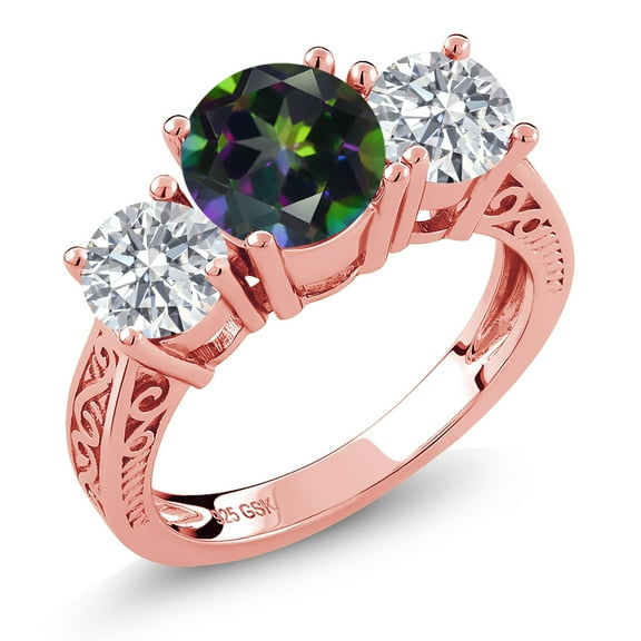 Gem Stone King 18K Rose Gold Plated Silver Green Mystic Topaz and Lab Grown Diamond Engagement Ring for Women | 2.30 Cttw | Round 7MM | Gemstone November Birthstone | Size 6