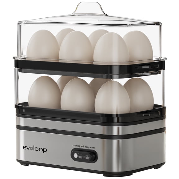 Evoloop 2‑Layer Electric Egg Cooker, 12‑Egg Multi‑Function Rapid Egg Boiler Steamer, Auto‑Shut‑Off, Buzzer Alert & Keep‑Warm, Soft/Medium/Hard‑Boiled Eggs, Poached Eggs, Omelets, BPA‑Free