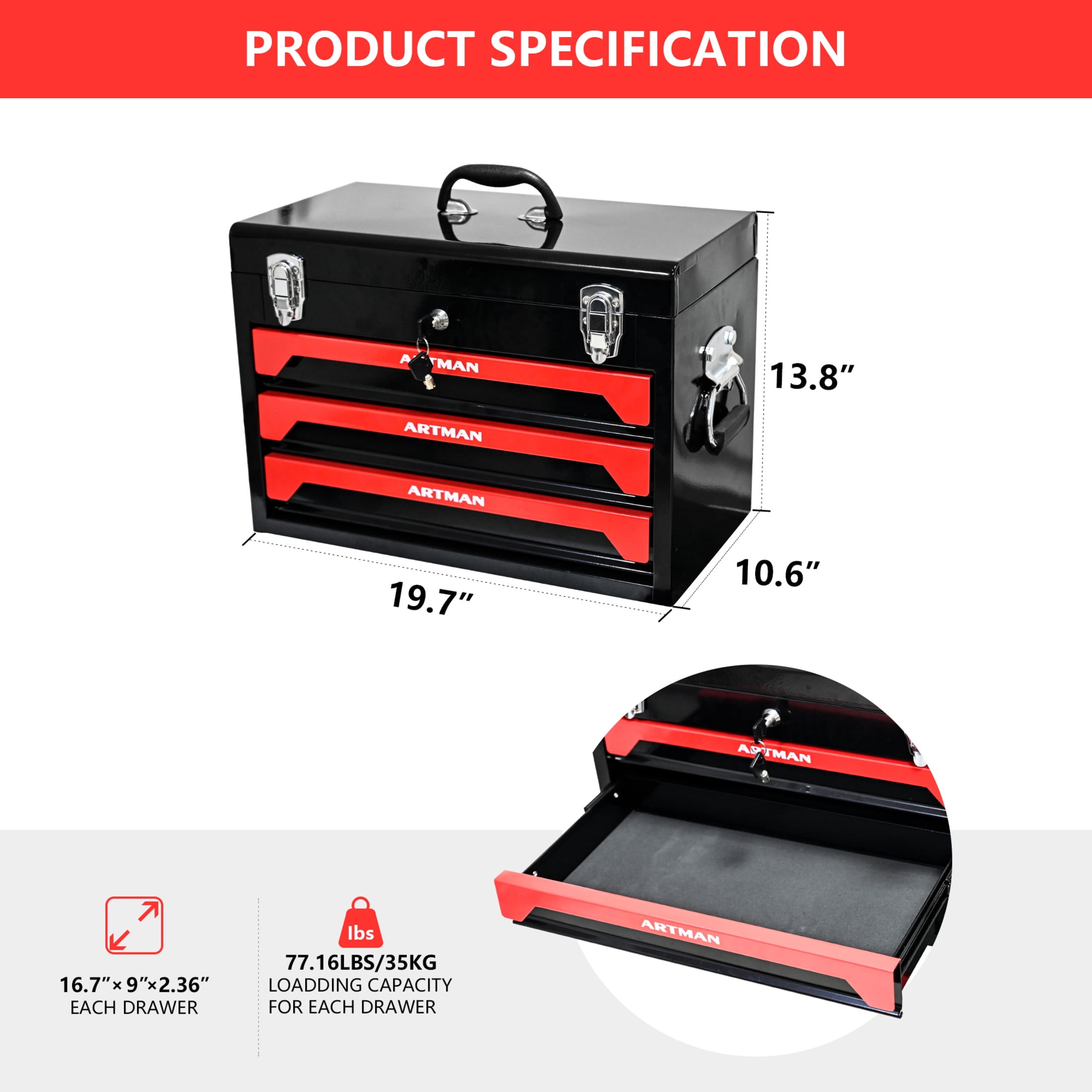 Noble House 20" Portable Steel Tool Box Cabinet, 3-Drawer Powder-Coated Storage Organizer with Metal Latch, Black & Red