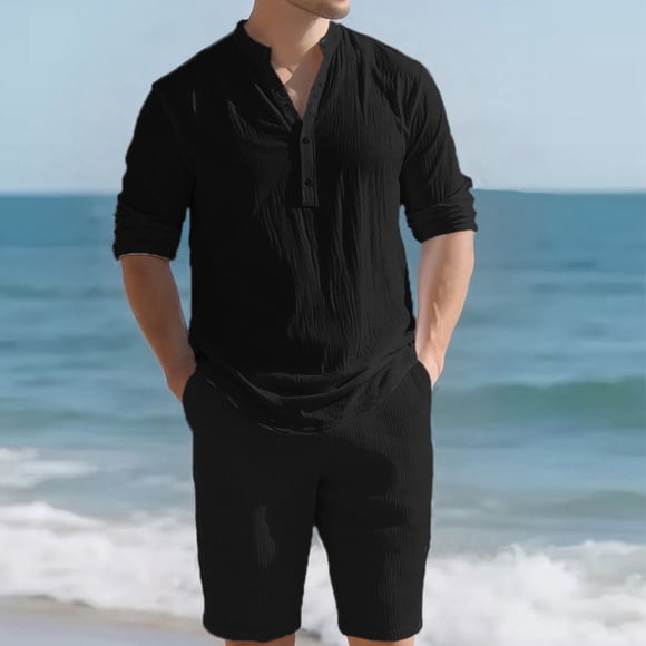 Ceisia Men's Loose Fit Pre-Shrunk Cotton-Linen Henley Top & Shorts Set | Summer Beach Casual Two-Piece Outfit Gifts