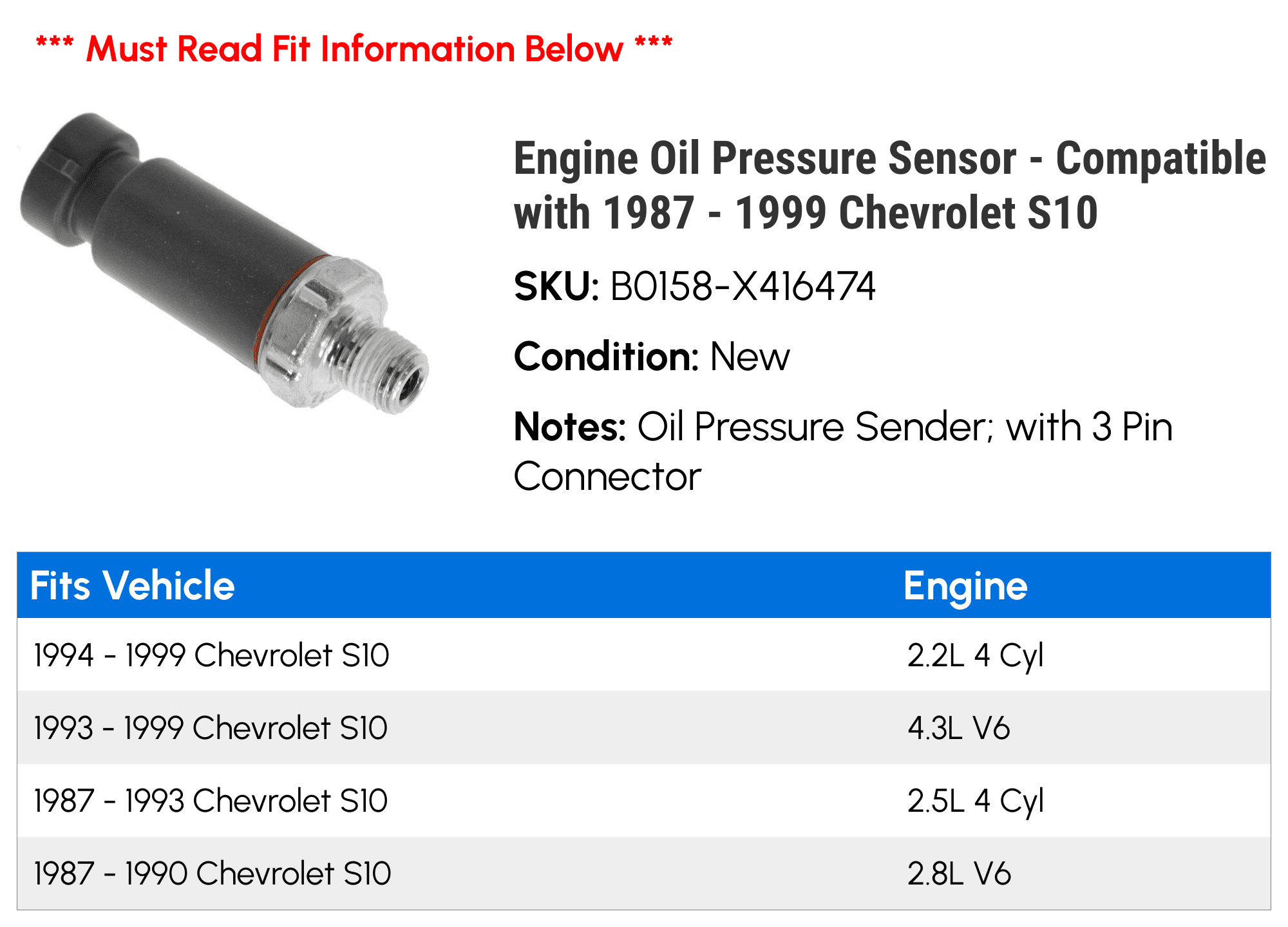 Engine Oil Pressure Sensor - Compatible with 1987 - 1999 Chevy S10 1988 1989 1990 1991 1992 1993 1994 1995 1996 1997 1998