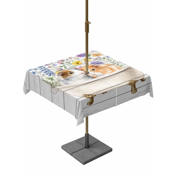 Outdoor Tablecloth with Umbrella Hole and Zipper, Spring Floral Animals Square Table Cloth 54x54 Inch Waterproof Tablecloth, Elegant Flowers Leaves Farmhouse Wooden Picnic Table Cover for Patio