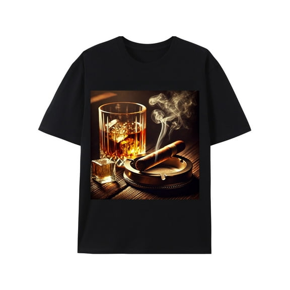 Men's Black Cotton Graphic T-Shirt - Cigar & Whiskey Bottle Print, Short Sleeve, Crew Neck, Casual Summer Wear, Soft & Breathable Fabric, Perfect for Parties, Outdoor Activities & Daily Use