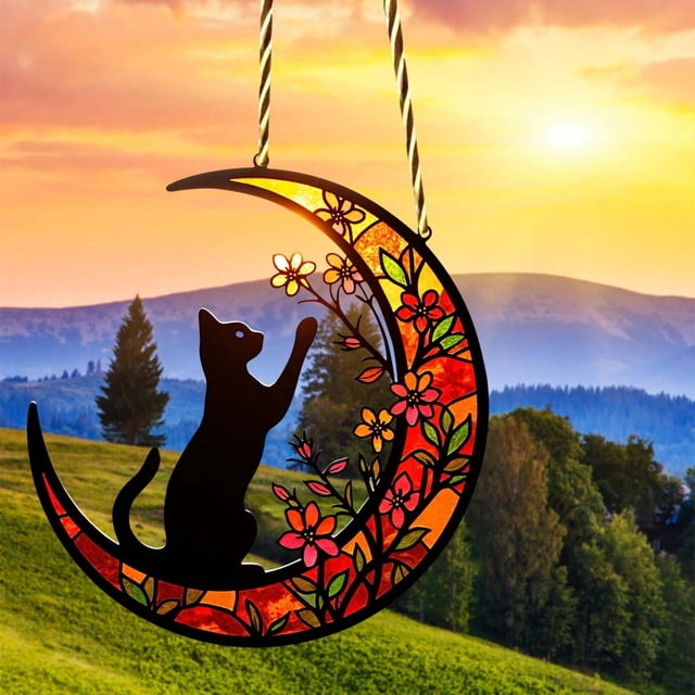 Stained Glass Window Hanging Pendant Featuring Kitten Design with Crescent Moon and Floral Motif