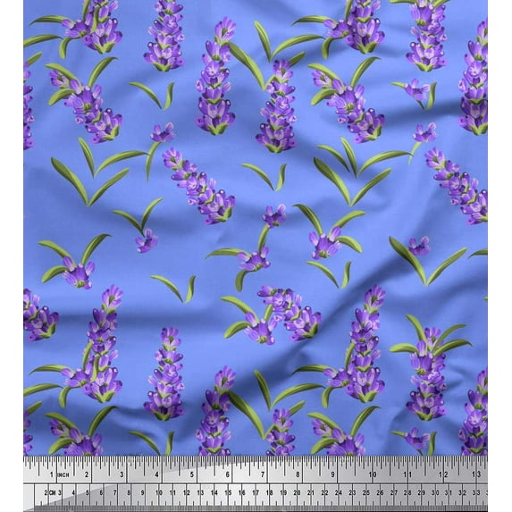Soimoi Crepe Silk Fabric Leaves & Lavender Shirting Printed Craft Fabric by The Yard 42 Inch Wide