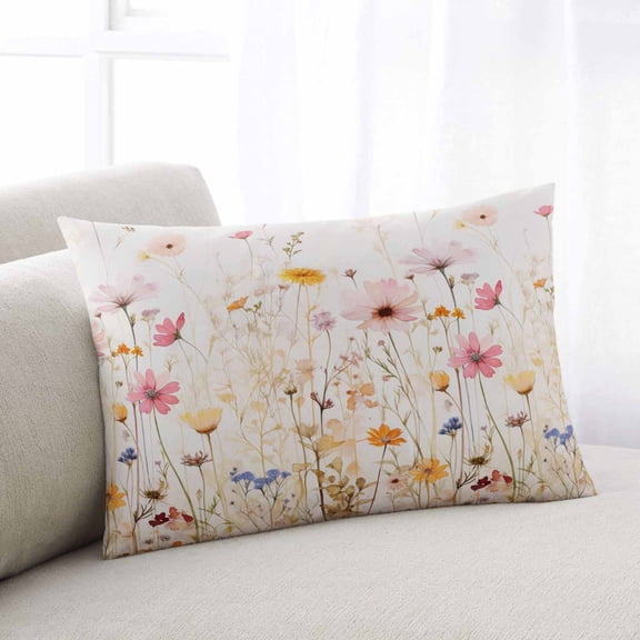 Watercolor Spring Floral Throw Pillow Cover Case, Couch Sofa Bed Pillowcase, Soft Decorative Lumbar Pillow Protector, Summer Wildflower Bloom Botanical 12x20Inch Reversible Pillow Shams with Zipper