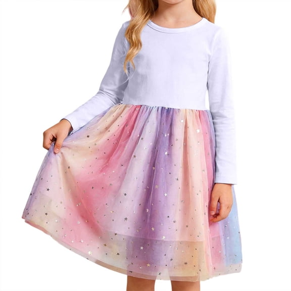 WAYUTE Girls Dresses Long Sleeve Patchwork Mesh Dress Soft Comfortable Kids for School and Play Outfit Casual Outdoor
