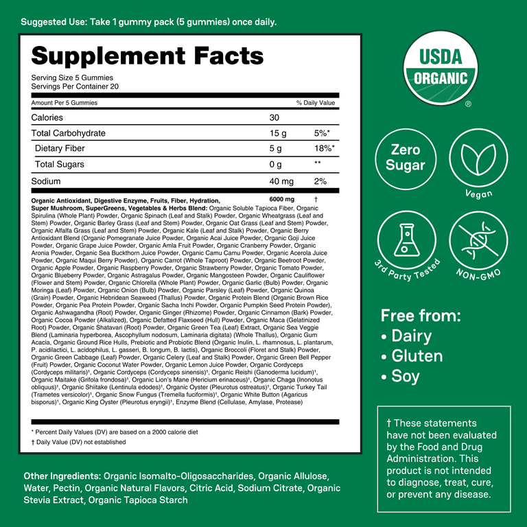 Zena Organic Supergreens Gummies, 70+ Superfoods, 0 Sugar, 5G