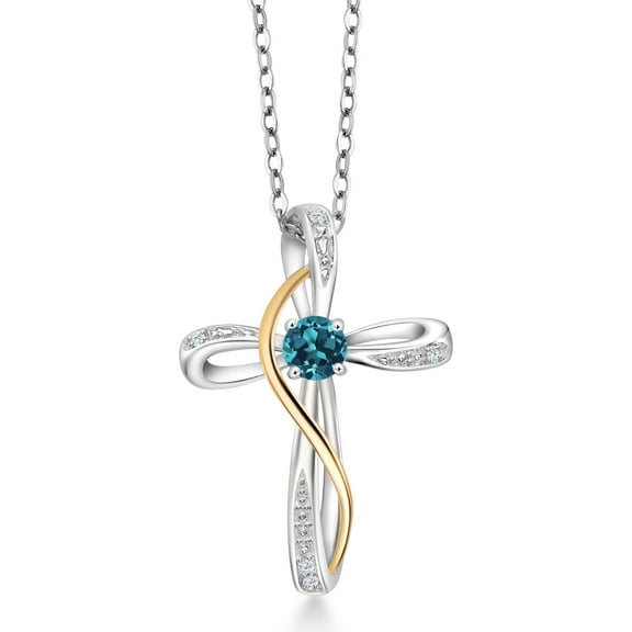 Gem Stone King 925 sterling Silver and 10K Yellow Gold London Blue Topaz and White Lab Grown Diamond Infinity Cross Pendant Necklace for Women (0.36 Cttw, Gemstone Birthstone, with 18 inch Chain)