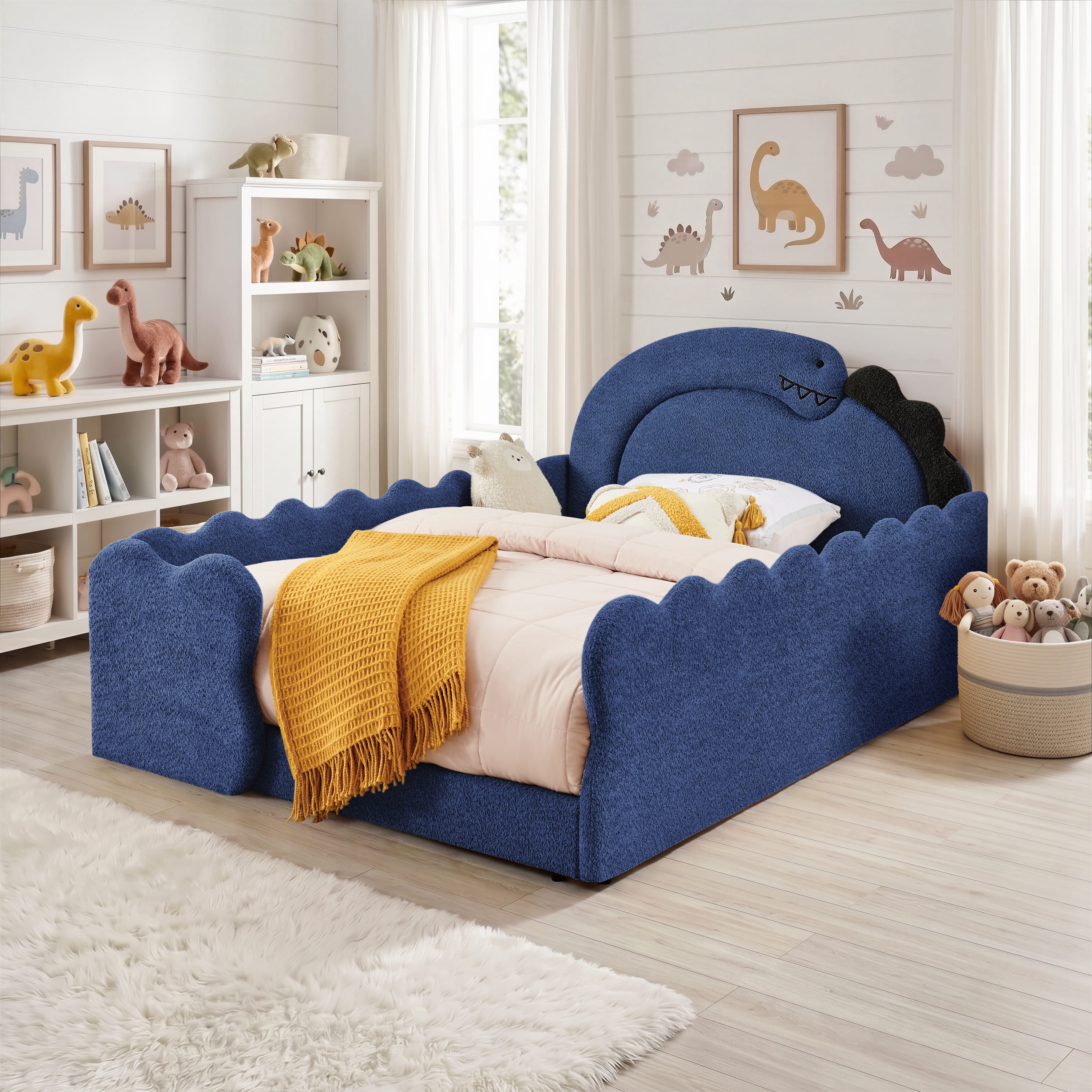 Wakefit Full Size Dinosaur Bed for Kids with Safety Guardrails,Boucle Upholstered Platform Bed Frame with 3D Dinosaur Headboard,Floor Bed for Boys & Girls,No Box Spring Needed,Navy Blue