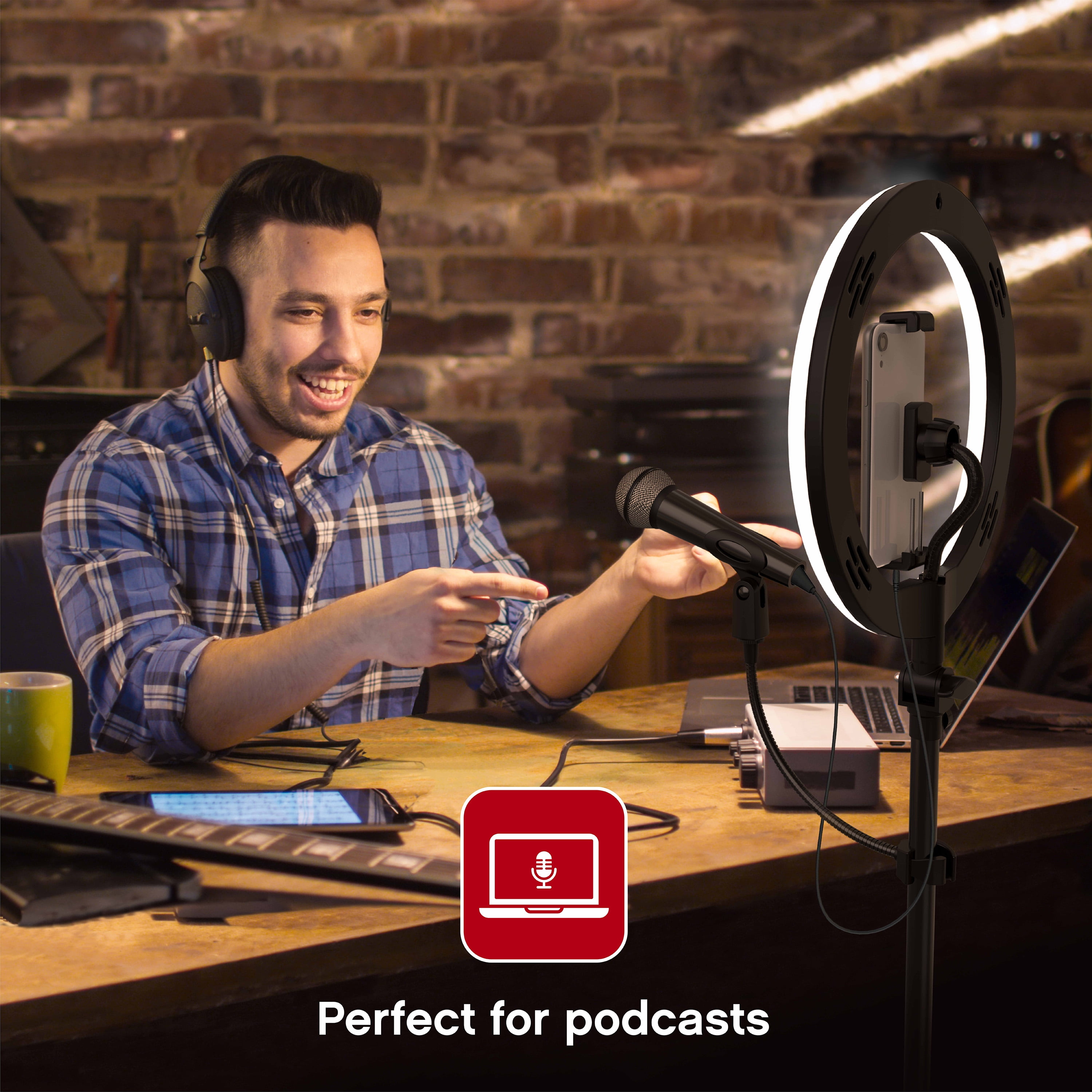 On Air Ring Light Pro, 10 in. USB-Powered LED Ring Light and Media Station with Microphone, Phone Holder, and Extendable Tripod Stand