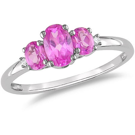 1-1/10 Carat T.G.W. Created Pink Sapphire and Diamond-Accent 10kt White Gold Three-Stone Ring