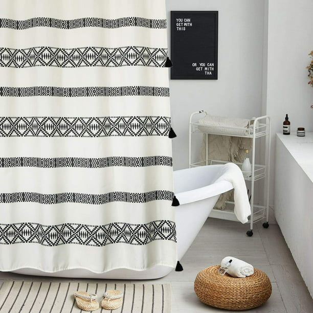 Fabric Boho Shower Curtain Black And, Black And Beige Striped Shower Curtain