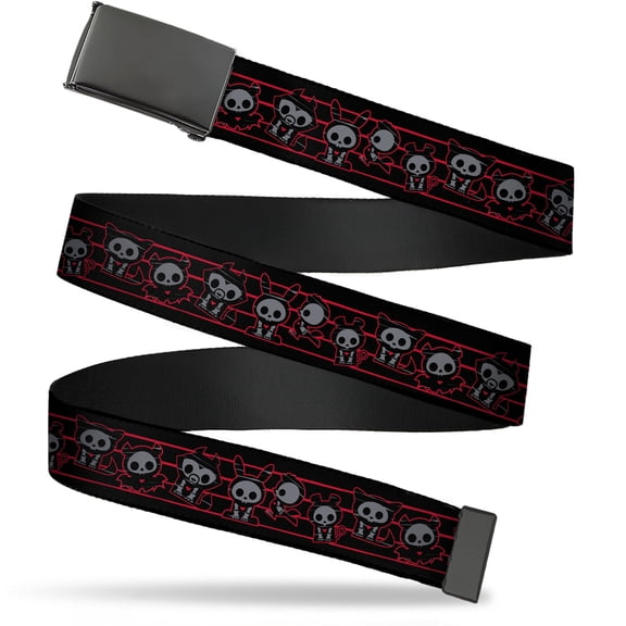 Adjustable Belt, Clamp Buckle, Cut-to-Fit, Skelanimals Six Character Collage Black Red Grays