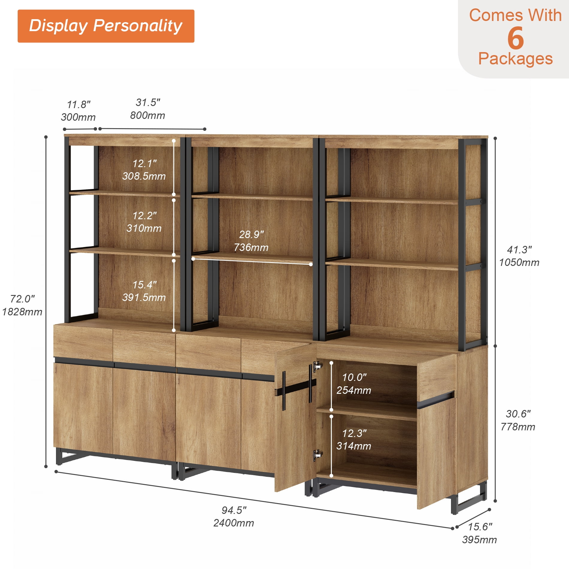 3 PCS Modern 72 Inch Tall Bookcases with Heavy-Duty Metal Base, Multi-Piece Library Bookshelf Combo with Adjustable Shelves, Closed Cabinet and Open Storage Shelves for Indoor Home Use