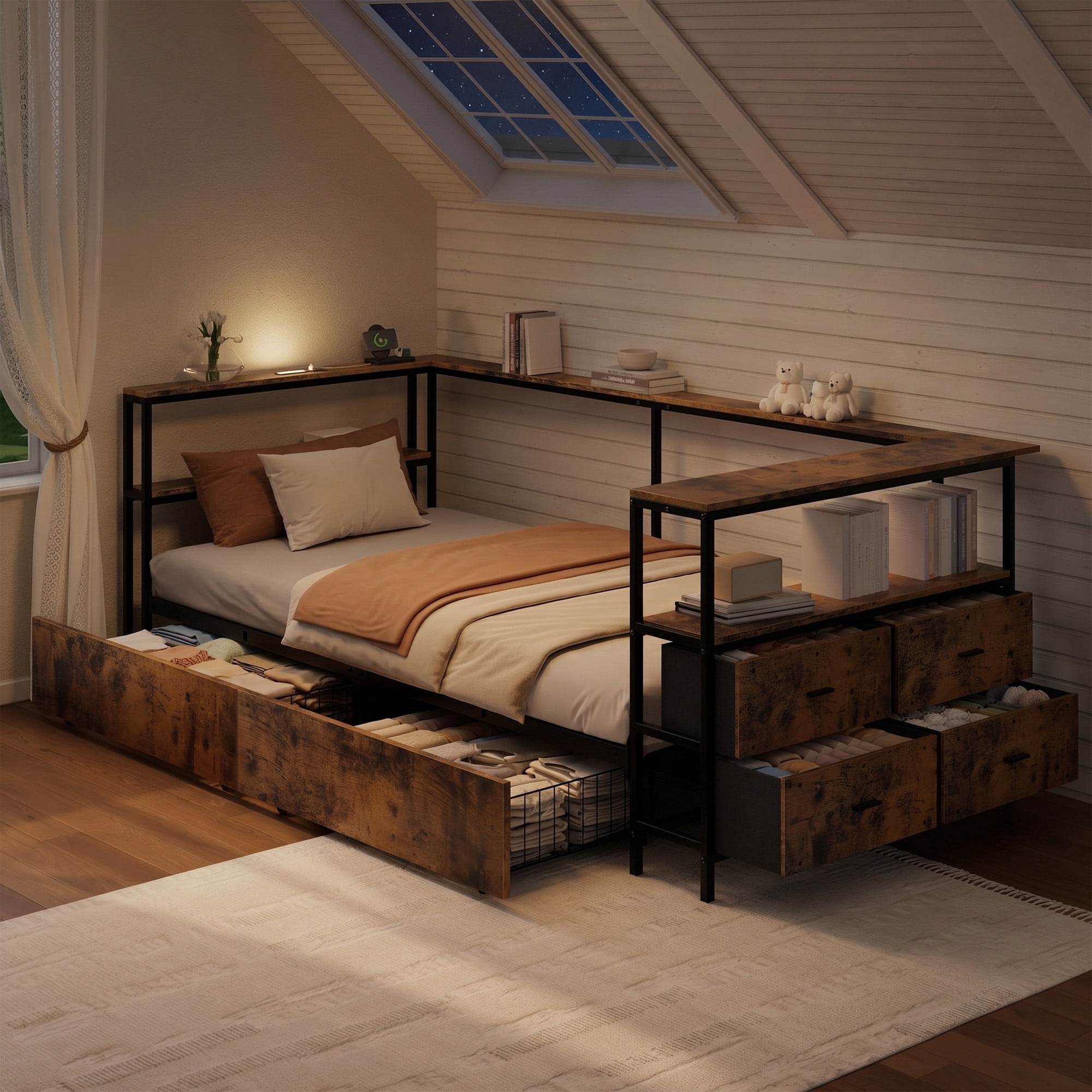 Miniyam L-Shaped Twin Bed Frame with Storage Drawers, Charging Station & Bookshelf, Metal Platform Bed