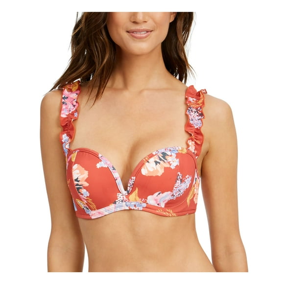 SUNDAZED Women's Orange Floral Bra-Sized Sweetheart Neck Adjustable Ruffled Skye Underwire Swimsuit Top 36C