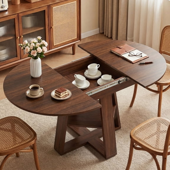 EDX 43.3″–59″ Extendable Round Dining Table for 4-8, Modern Oval Dining Table with Removable Leaves, Wooden Kitchen Table with Storage Shelf Base, Space Saving for Kitchen Living Room, Walnut