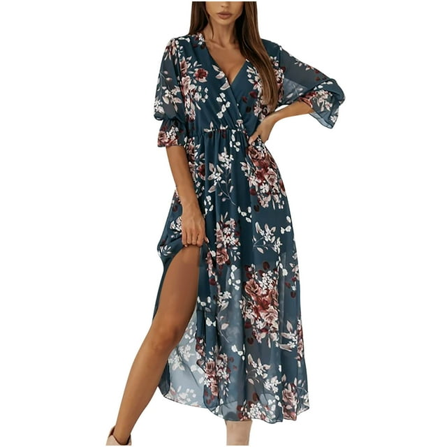 Heliisoer Robe pour Femme, Liquidation Été Mode pour Femmes Bohème Col en V Ample Manches Mi-Longues Ligne A Imprimé Floral Longue Robe Maxi