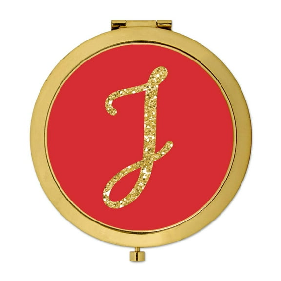 Koyal Wholesale Gold Compact Mirror Bridesmaid's Wedding Gift, Red with Faux Gold Glitter, Monogram Letter J, 1-Pack