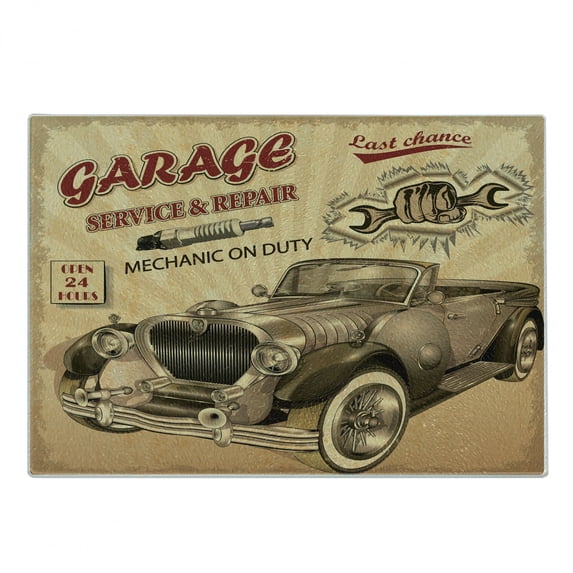 Vintage Cutting Board, Nostalgic Car Garage Service and Repair Store Phrase Dated Faded Print, Decorative Tempered Glass Cutting and Serving Board, Small Size, Sepia Red, by Ambesonne